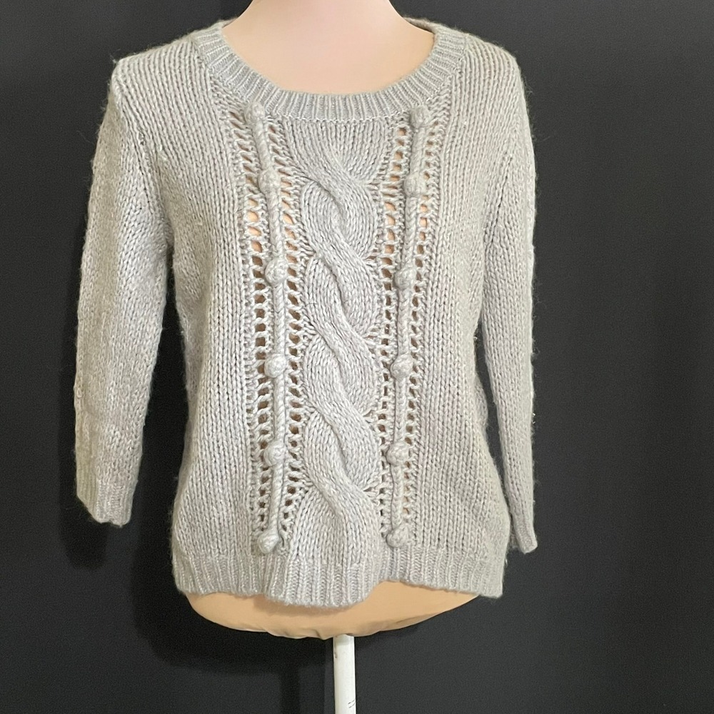 Old Navy Cable Knit Sweater Womens Large Gray Good Bobble Pointelle 3/4 Sleeve